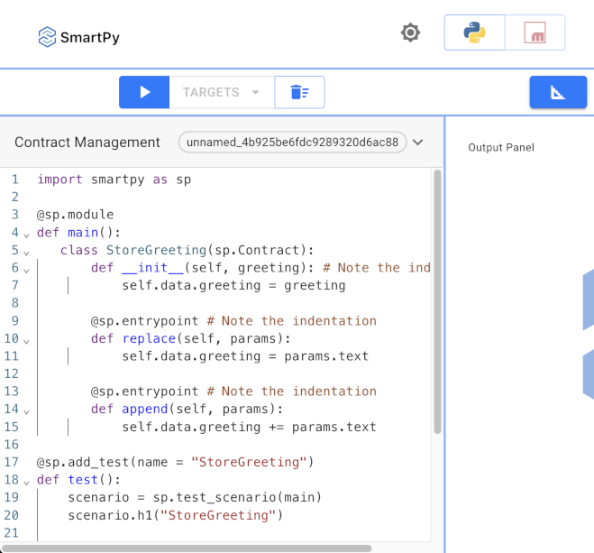 The SmartPy online IDE, including the code for the contract